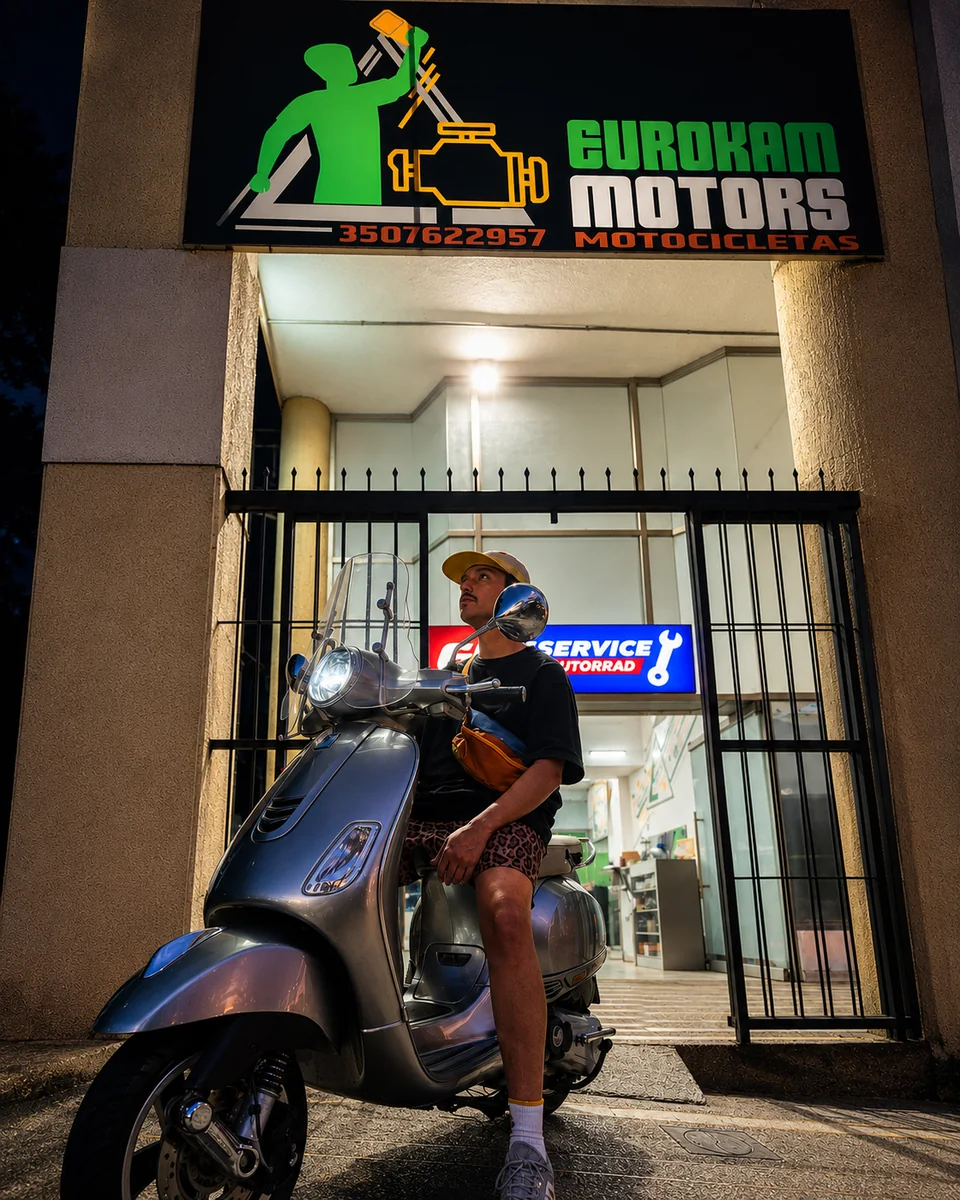 Motociclista frente al centro de servicio Eurokam Motors en Armenia